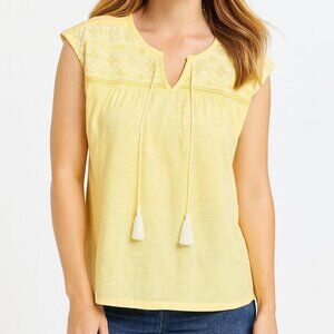 NWT Lucky Brand Yellow Embroidered Tassel Blouse, size S